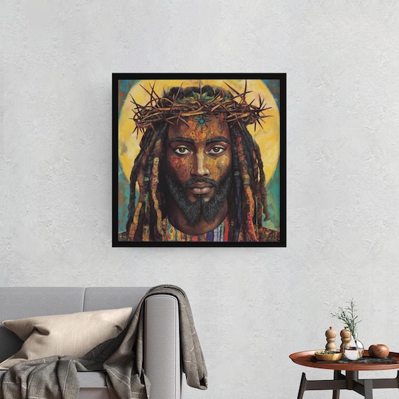 Ethiopian Black Jesus Art, African Spiritual Wall Art, Religious Christian Decor, Crown of Thorns Print, Colorful Canvas, Handmade Oil Paint