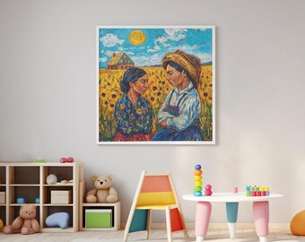 May include: Two women stand in a field of sunflowers, looking at each other. The woman on the left is wearing a blue and yellow patterned dress, while the woman on the right is wearing a blue dress and a straw hat. The background is a field of sunflowers with a small house in the distance.