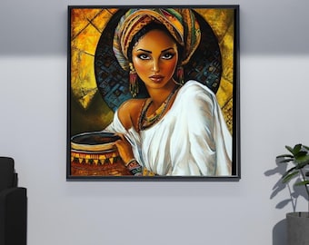 May include: A painting of a woman with dark skin wearing a colourful head wrap and a white dress. She is holding a brown pot in her hand and looking directly at the viewer.