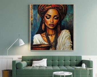 May include: A painting of a woman with dark skin wearing a colourful head wrap and jewellery. She is holding a bowl in her hands and looking down. The background is a blue and green abstract design.