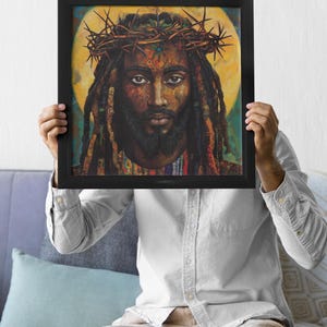 Schwarze Jesus-Kunst, äthiopische spirituelle Wandkunst, religiöses christliches Dekor, Dornenkrone Druck, bunte Leinwand, handgemachte Ölfarbe Bild 5