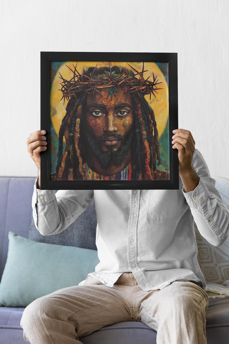 Schwarze Jesus-Kunst, äthiopische spirituelle Wandkunst, religiöses christliches Dekor, Dornenkrone Druck, bunte Leinwand, handgemachte Ölfarbe Bild 5