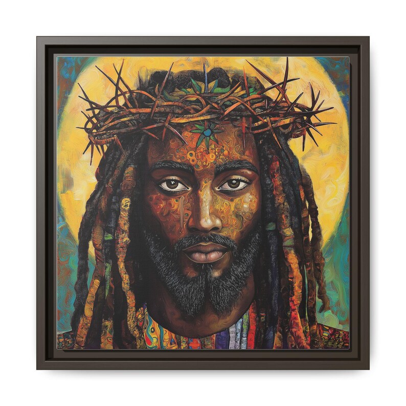 Schwarze Jesus-Kunst, äthiopische spirituelle Wandkunst, religiöses christliches Dekor, Dornenkrone Druck, bunte Leinwand, handgemachte Ölfarbe Espresso