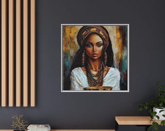 May include: A painting of a woman with dark skin wearing a colourful head wrap and jewellery. She is holding a bowl in her hands and looking at the viewer. The background is a textured, abstract painting in shades of brown, yellow, and blue.