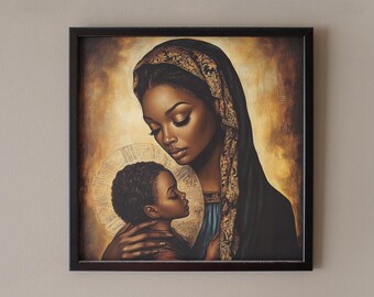 Arte em tela da Madona Africana com o Menino – Auréola Dourada, Retrato da Maternidade