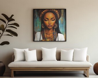 May include: A painting of a woman with dark skin, wearing a head wrap and jewellery, with her eyes closed. The background is a blue and green abstract design.