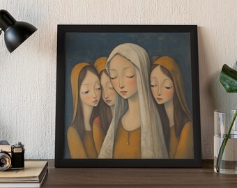 May include: A painting of four women with long hair, wearing yellow and white clothing. The women are standing close together, with the woman in the centre wearing a white veil. The background is a dark blue.