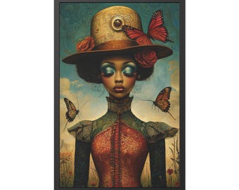 May include: Framed art print depicting a woman with striking makeup and a hat decorated with roses and a butterfly. The woman wears a red and green dress, and two butterflies are also featured in the artwork.