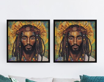 May include: Two framed paintings depicting a Black man with dreadlocks wearing a crown of thorns. The paintings are set against a yellow and green background.