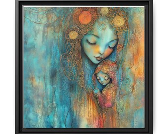 Black Madonna and Child Wall Art, Ethereal Motherhood Print, Klimt-Inspired Abstract Painting, Sacred Feminine Decor, Gift for Mom