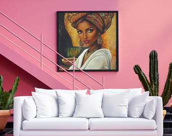 May include: A white sofa with three white cushions in front of a pink wall with a framed painting of a woman wearing a colourful head wrap. A large cactus plant is in the corner of the room.