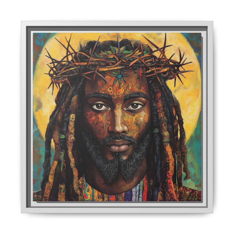 Schwarze Jesus-Kunst, äthiopische spirituelle Wandkunst, religiöses christliches Dekor, Dornenkrone Druck, bunte Leinwand, handgemachte Ölfarbe White