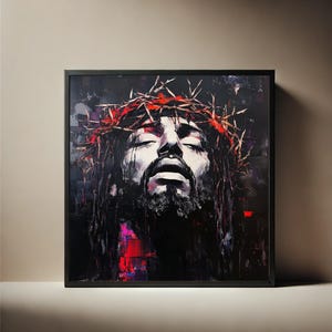 Framed Abstract Jesus Christ Wall Art - Crown of Thorns Painting, Christian Home Decor, Modern Religious Artwork