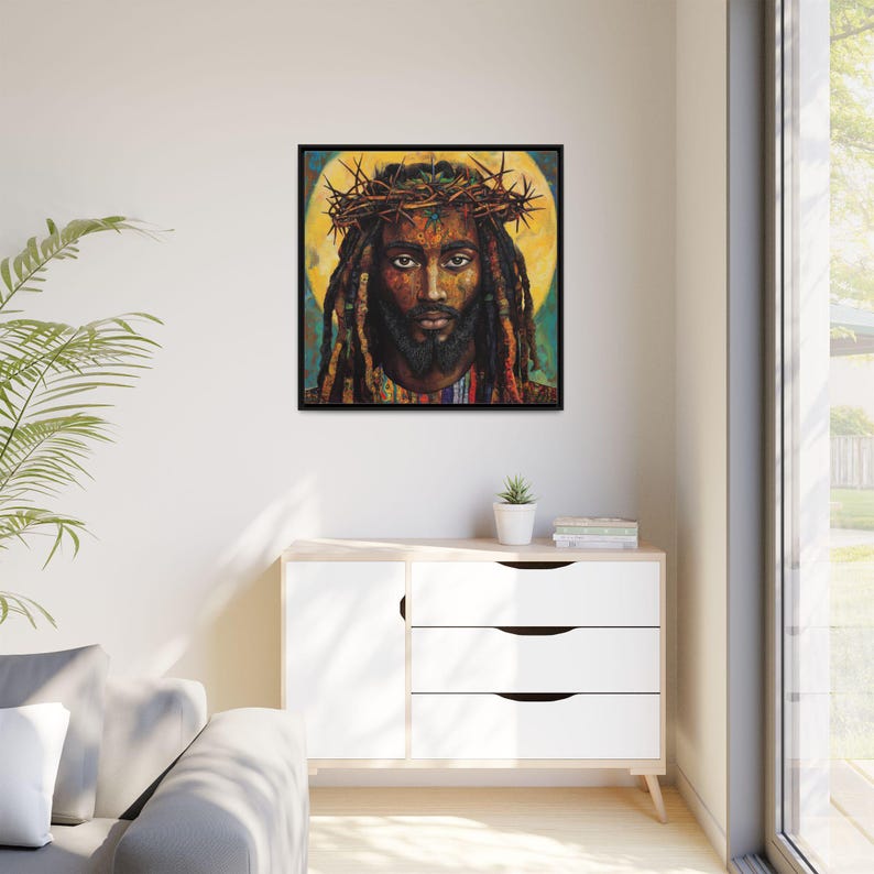 Schwarze Jesus-Kunst, äthiopische spirituelle Wandkunst, religiöses christliches Dekor, Dornenkrone Druck, bunte Leinwand, handgemachte Ölfarbe Bild 2