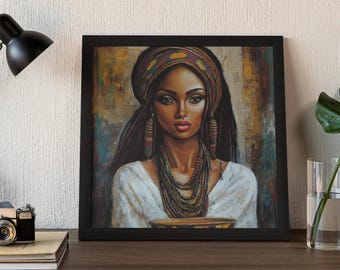 Elegant African Woman Art, Traditional Habesha Painting, Ethiopian Canvas, Black Queen Wall Decor, Afrocentric Artwork, Black Women Paint