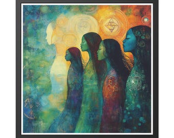 May include: A framed art print showing an abstract painting with five figures in profile. The figures have long hair and flowing garments, set against a backdrop of swirling colours and geometric shapes. The colour palette includes blues, greens, and oranges.