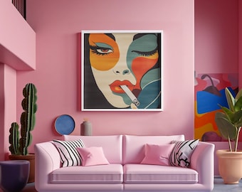 May include: A pink sofa with two cushions, one with black and white stripes and the other pink. A framed print of a woman's face with colourful geometric shapes hangs on the wall behind the sofa. A cactus plant is in a purple pot on the left side of the image.