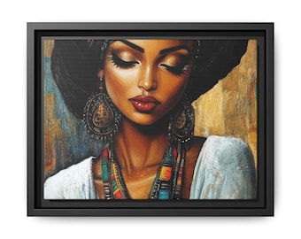 May include: A painting of a woman with dark skin, wearing a white headscarf and colourful jewellery. Her eyes are closed and she has a serene expression. The background is a warm, textured gold.