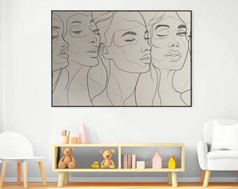 May include: A black and white line drawing of three women's faces, with their eyes closed, in a minimalist style. The drawing is framed and hanging on a white wall.