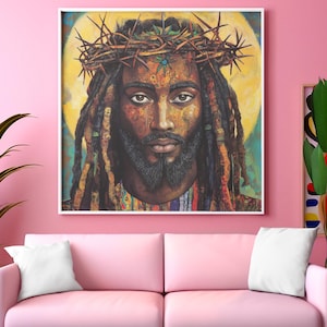 Schwarze Jesus-Kunst, äthiopische spirituelle Wandkunst, religiöses christliches Dekor, Dornenkrone Druck, bunte Leinwand, handgemachte Ölfarbe Bild 3