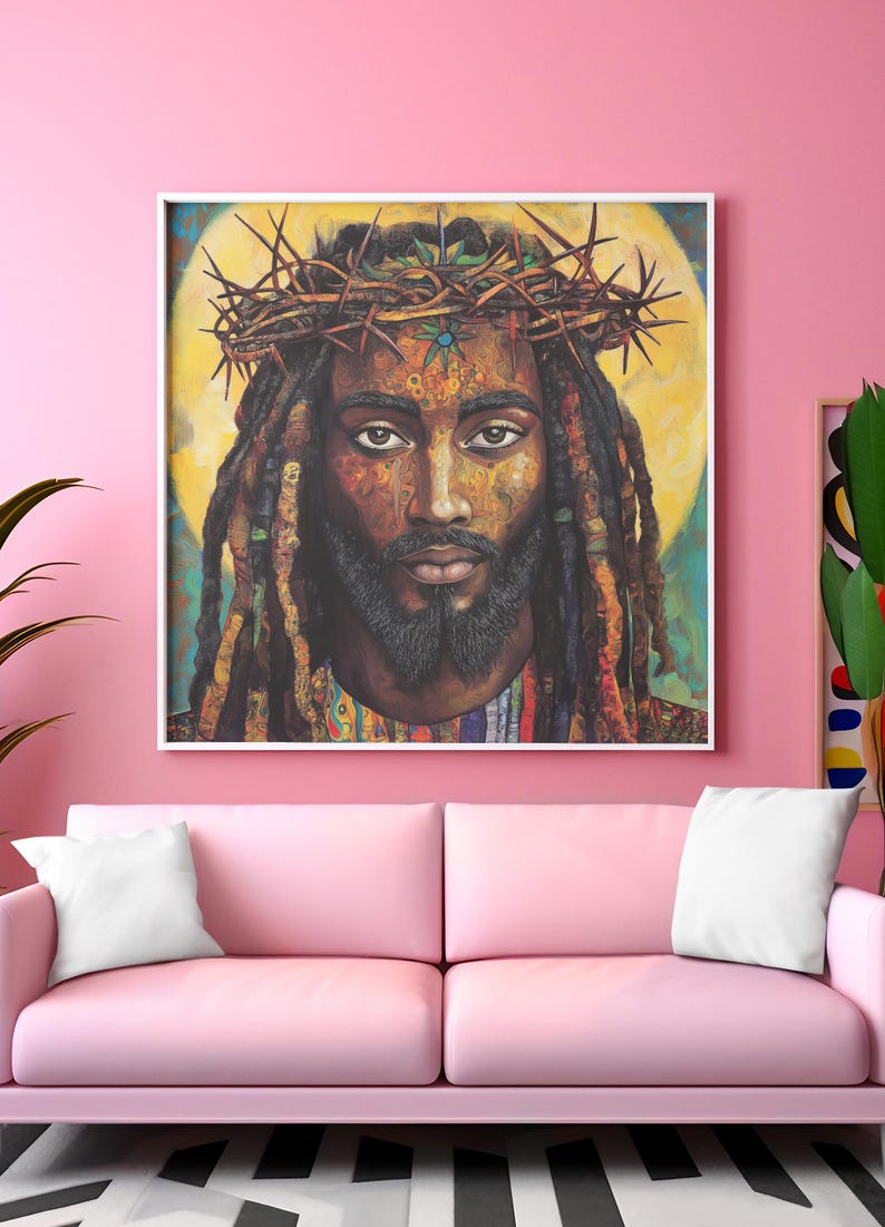 Schwarze Jesus-Kunst, äthiopische spirituelle Wandkunst, religiöses christliches Dekor, Dornenkrone Druck, bunte Leinwand, handgemachte Ölfarbe Bild 3