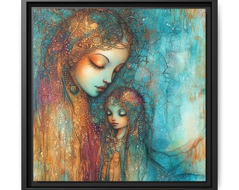 May include: Framed art print depicting a mother and child in a close embrace. The artwork uses teal, gold, and purple tones. The figures have closed eyes and are decorated with detailed patterns, creating a peaceful and artistic image.
