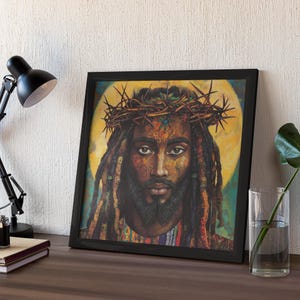 Schwarze Jesus-Kunst, äthiopische spirituelle Wandkunst, religiöses christliches Dekor, Dornenkrone Druck, bunte Leinwand, handgemachte Ölfarbe Bild 4