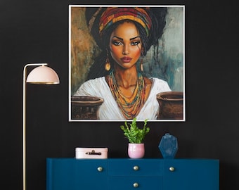 May include: A painting of a woman with dark skin wearing a colourful head wrap and a white top. She is adorned with beaded necklaces and earrings. The background is a dark, textured canvas.