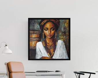 May include: A painting of a woman with dark skin wearing a white dress and colourful jewellery. She has a head wrap and is looking down. The background is a dark brown with a wooden bucket.