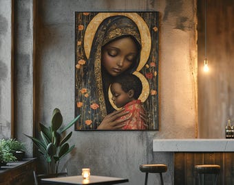 Impressão artística da Virgem Maria Negra com o Menino Jesus, arte de parede da Virgem Maria africana, decoração católica etérea.