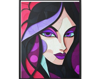 May include: Framed art print depicting a stylized portrait of a woman. The artwork uses geometric shapes and a vibrant colour palette of black, purple, pink, and teal. The woman has long black hair, purple eyeshadow, and a purple lip colour.