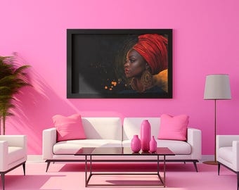 May include: A framed painting of a woman wearing a red head wrap and gold jewellery. The painting is set against a dark background with a few small lights. The painting is hanging on a pink wall in a living room setting.