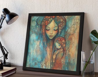 May include: A framed abstract painting of a mother and child. The mother has long, flowing hair with a blue and green background. The child is nestled in the mother's arms. The painting is done in a watercolour style with a lot of detail.