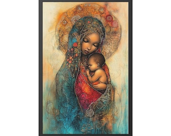 May include: A painting of a woman holding a baby. The woman is wearing a blue and gold robe and the baby is wearing a red and gold robe. The painting is done in a style that is reminiscent of stained glass.