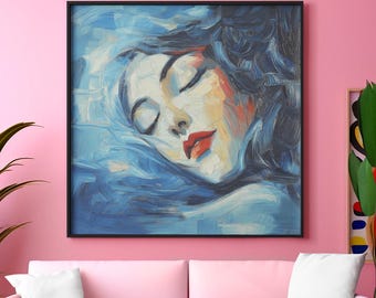 May include: A square framed wall art print featuring an oil painting of a person with closed eyes and dark hair, rendered in expressive blue, white, and red brushstrokes. The artwork is displayed in a thin black frame on a solid pink wall.