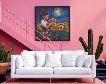 Van Gogh Inspired Sunflower Girl Painting, Impressionist Floral Wall Art
