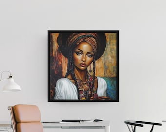 May include: A square framed wall art print featuring a portrait of a person with dark skin, wearing a patterned headwrap and a white top. The person has braided hair, layered necklaces, and dangling earrings. The background is a textured abstract blend of warm orange, brown, and teal tones.