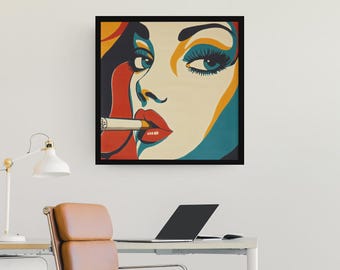 May include: A colourful, abstract portrait of a woman with red lips and blue eyeshadow, smoking a cigarette. The woman's face is rendered in a bold, graphic style with geometric shapes and vibrant colours.