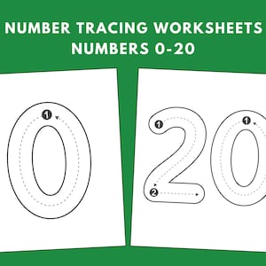 Könnte beinhalten: Zwei druckbare Arbeitsblätter zum Nachzeichnen der Zahlen 0 und 20. Die Zahlen sind mit gestrichelten Linien umrandet und nummerierte Pfeile zeigen die Reihenfolge des Nachzeichnens an.