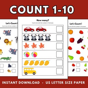 May include: A printable worksheet with three sections for counting objects. The first section has a panda, a giraffe, an elephant, a lion, a zebra, and a crocodile. The second section has cars, pandas, maple leaves, beach balls, and mangoes. The third section has oranges, apples, grapes, pears, strawberries, and cherries.