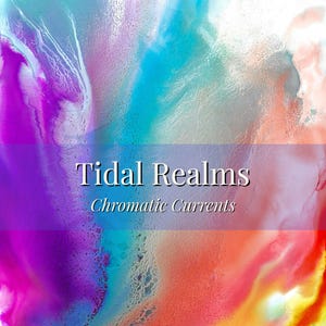 Op de afbeelding: Abstract kunstwerk met een levendige mix van kleuren, waaronder paars, blauw en oranje, waardoor een vloeiend, aquarelachtig effect ontstaat. De tekst "Tidal Realms" en "Chromatic Currents" staan op de afbeelding.
