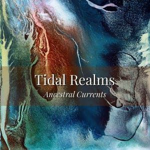 Op de afbeelding: Abstract kunstwerk met een mix van blauw, teal, bruin en wit. De afbeelding toont de tekst "Tidal Realms" boven "Ancestral Currents" op een donkerbruine rechthoekige overlay. Het kunstwerk heeft een vloeiend, organisch uiterlijk.