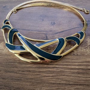 Vintage Trifari Blue Enamel and Gold Tone Statement Necklace with Snake Chain