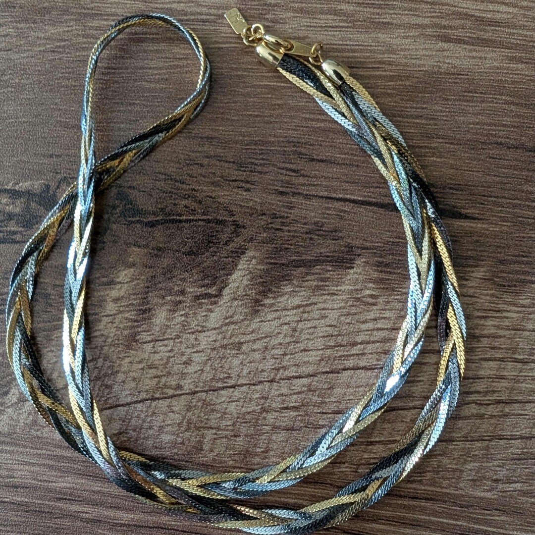 Vintage Merlite Brand Silver and Gold Tone Braided Flat Snake Chain