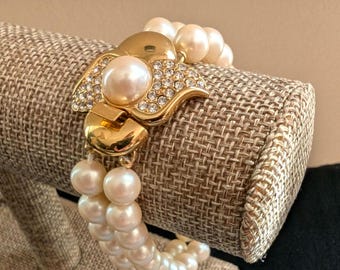 Vintage Double-Strand Faux Pearl Monet Bracelet with Rhinestone Floral Accent