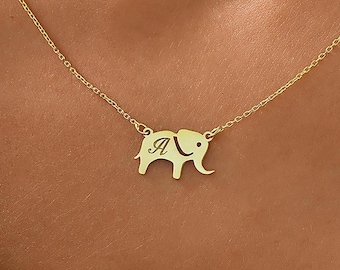 14K Gold Elephant Necklace , Personalized Letter Elephant Necklace , Elephant Charm , Kids Necklace ,Birthday Gift, Gift for Elephant Lovers