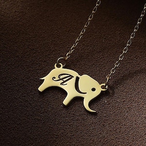14K Gold Personalized Hanmade Elephant Necklace , Elephant Letter Necklace , Elephant Lovers Pendant , Elephant Gift , Kids Necklace