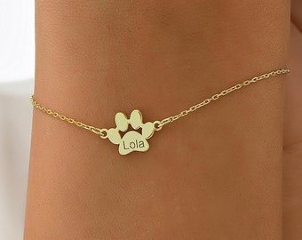 Bracelet prénom avec empreinte de patte en or 14 carats , Bracelet gravé avec empreinte de patte , Bracelet avec nom d'animal de compagnie , Bracelet de patte , Bracelet de patte de chien , Cadeau pour les amateurs d'animaux de compagnie