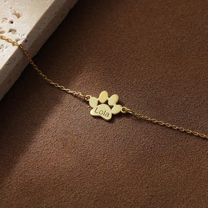 May include: A gold chain necklace with a paw print charm that says "Lola" on it.