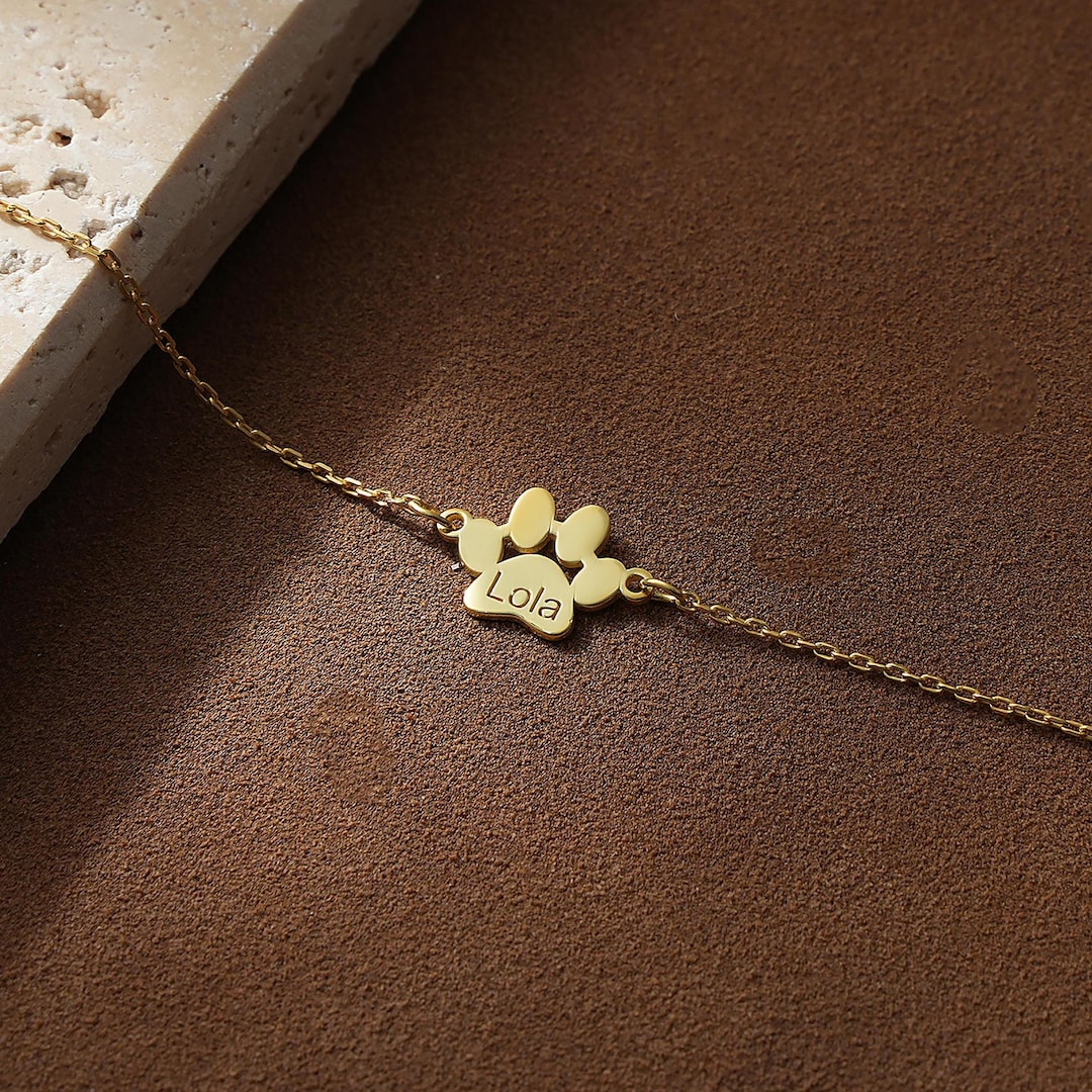 14K Gold Paw Print Bracelet , Personalized Dog Paw Bracelet , Pet ...